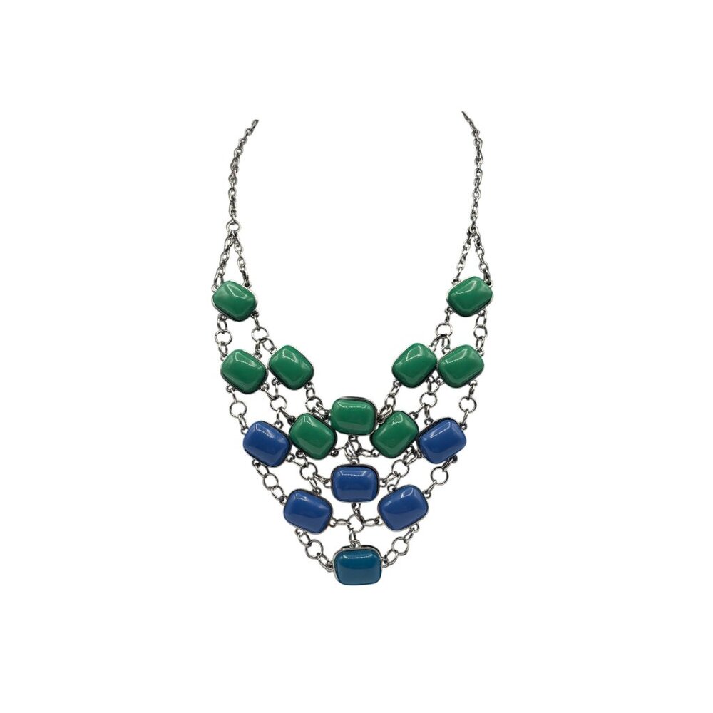 Chunky Multicolor Layered Necklace With Green & Blue Beads On Silver Chain